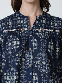 Navy Blue Floral Printed Mandarin Collar Pure Cotton Top