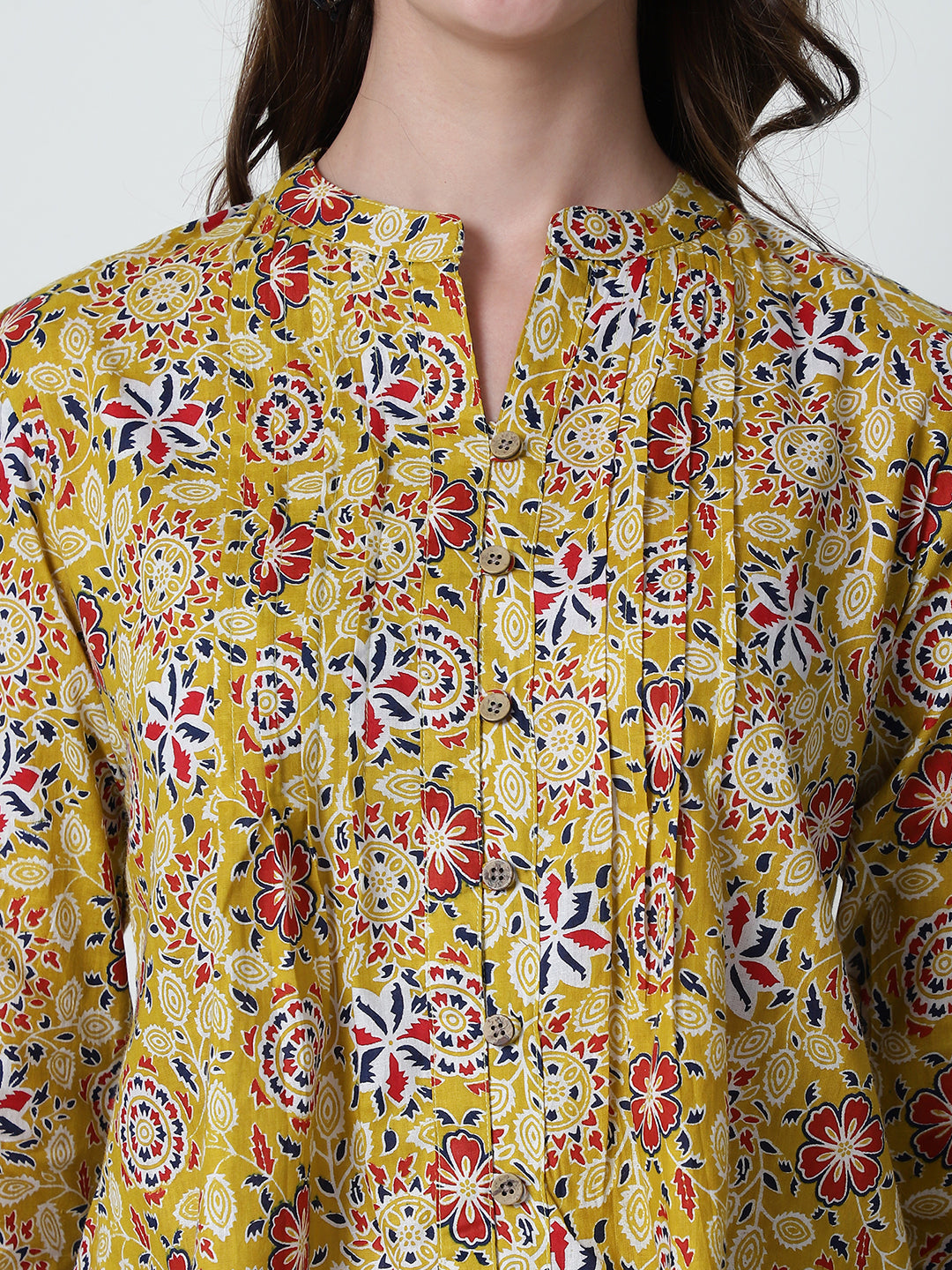 Multi Ethnic Motifs Printed Mandarin Collar Pure Cotton Top