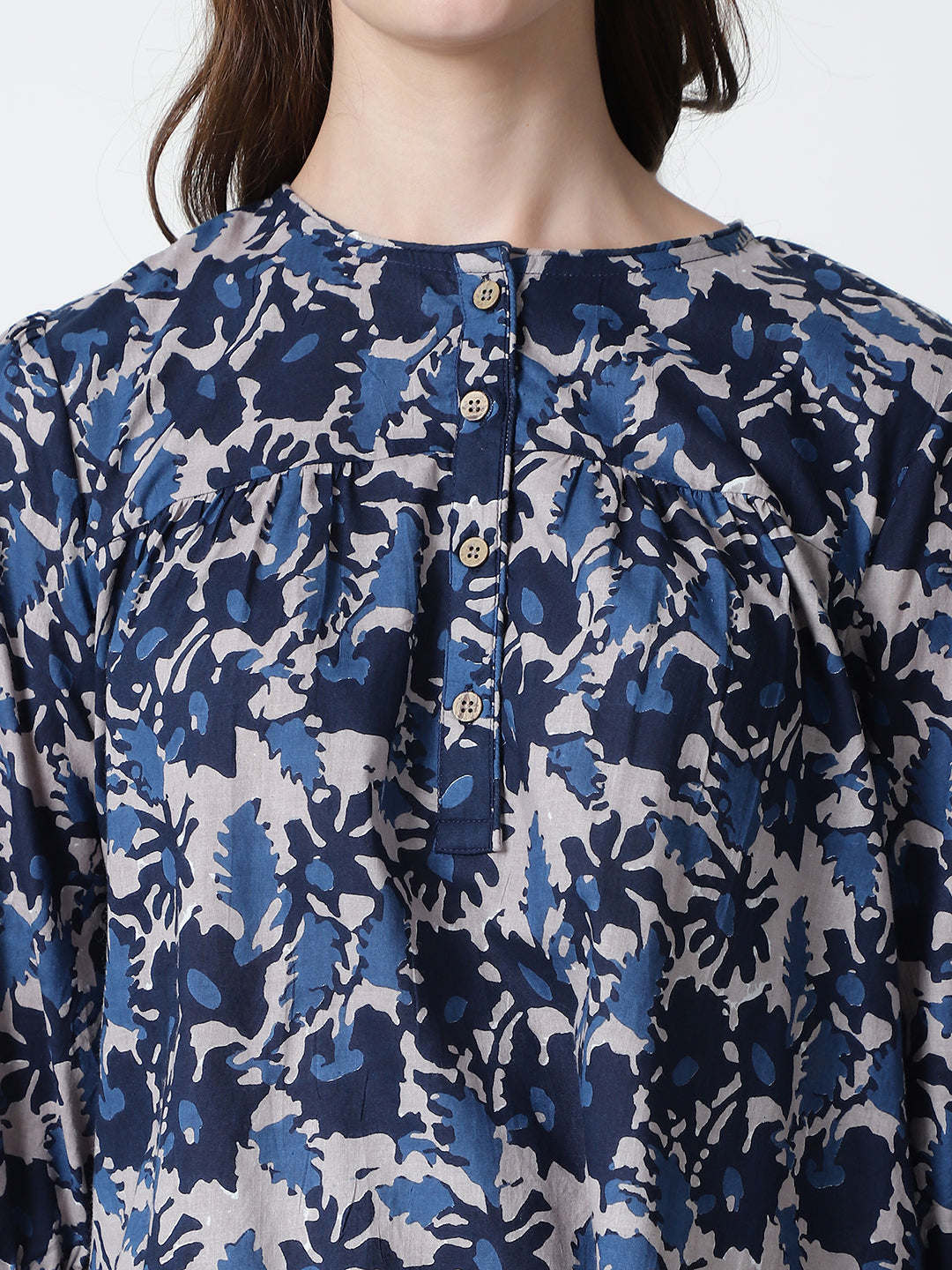 Navy Blue Floral Printed Round Neck Pure Cotton Top