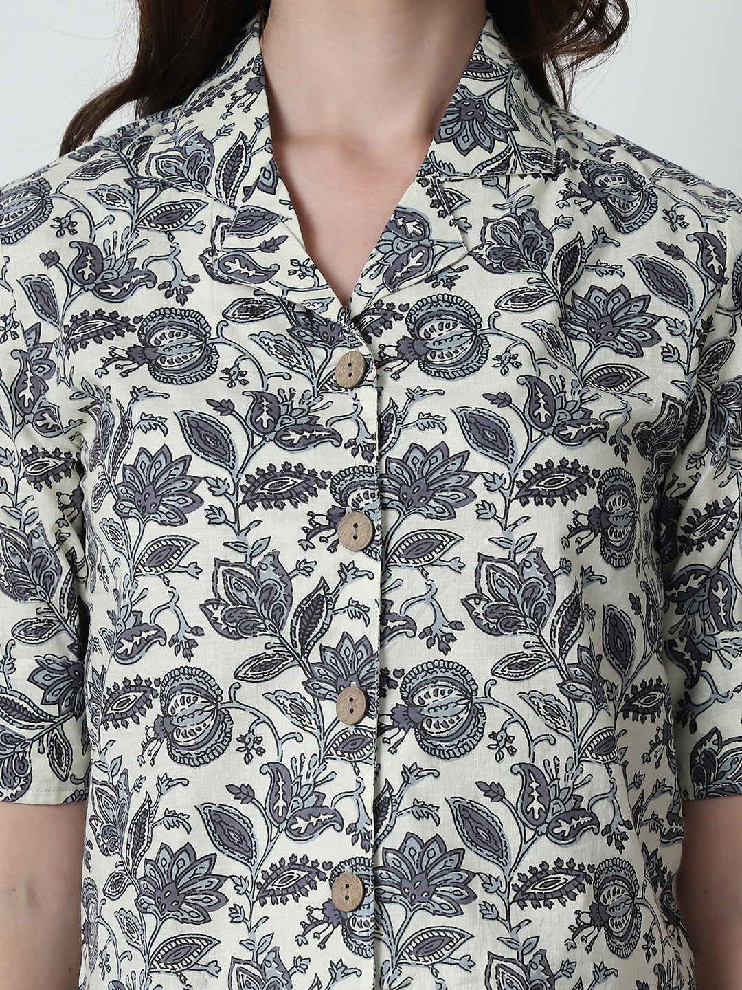 Cream Floral Printed Shirt Collar Pure Cotton Top