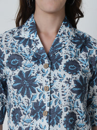 Off White Floral Printed Shirt Collar Pure Cotton Top