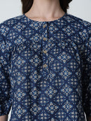 Navy Blue Floral Printed Round Neck Pure Cotton Top