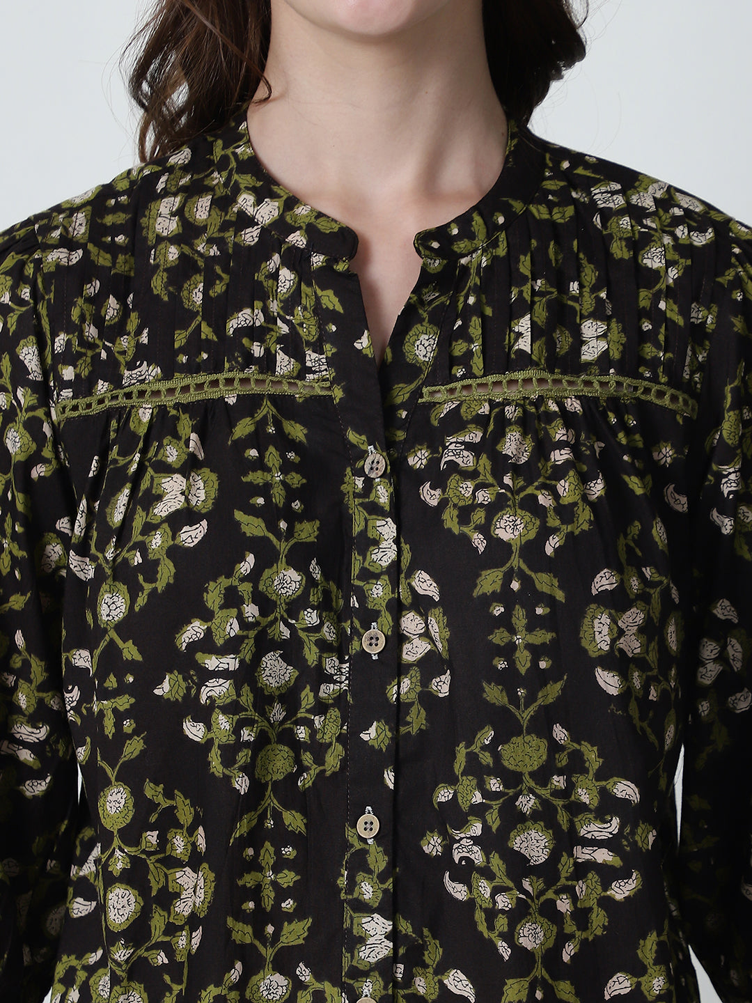 Brown Floral Printed Mandarin Collar Pure Cotton Top