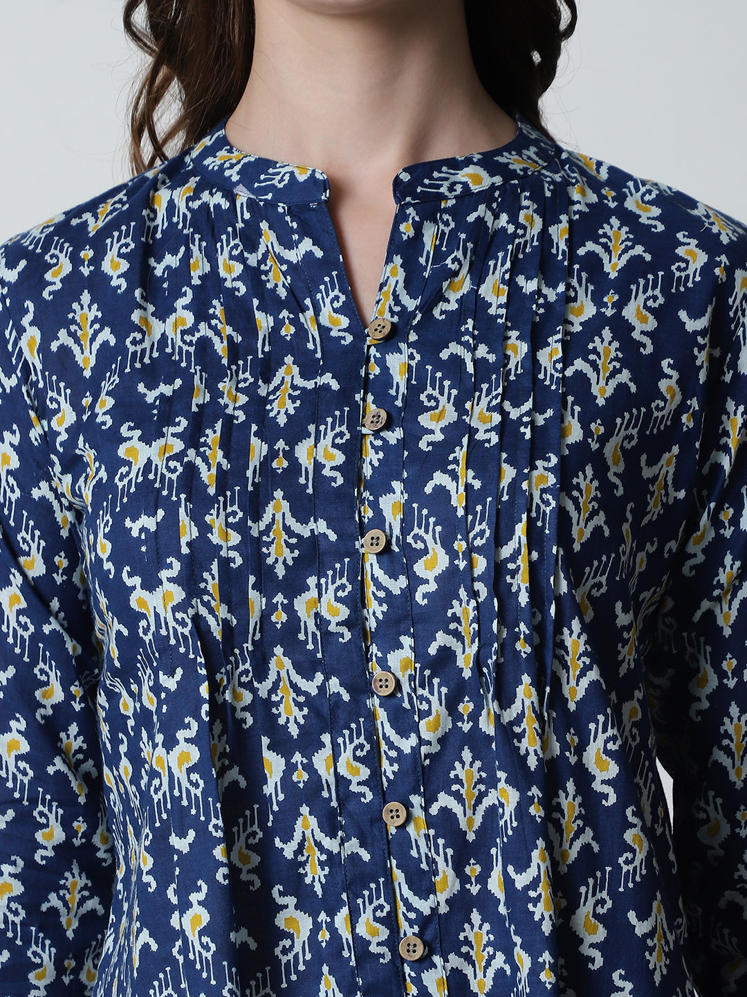 Navy Blue Abstract Printed Mandarin Collar Pure Cotton Top