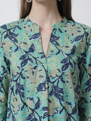 Turquoise Blue Floral Printed Mandarin Collar Pure Cotton Top