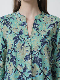 Turquoise Blue Floral Printed Mandarin Collar Pure Cotton Top