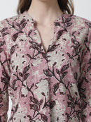 Rose Gold Floral Printed Mandarin Collar Pure Cotton Top