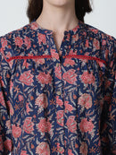 Navy Blue Floral Printed Mandarin Collar Pure Cotton Top